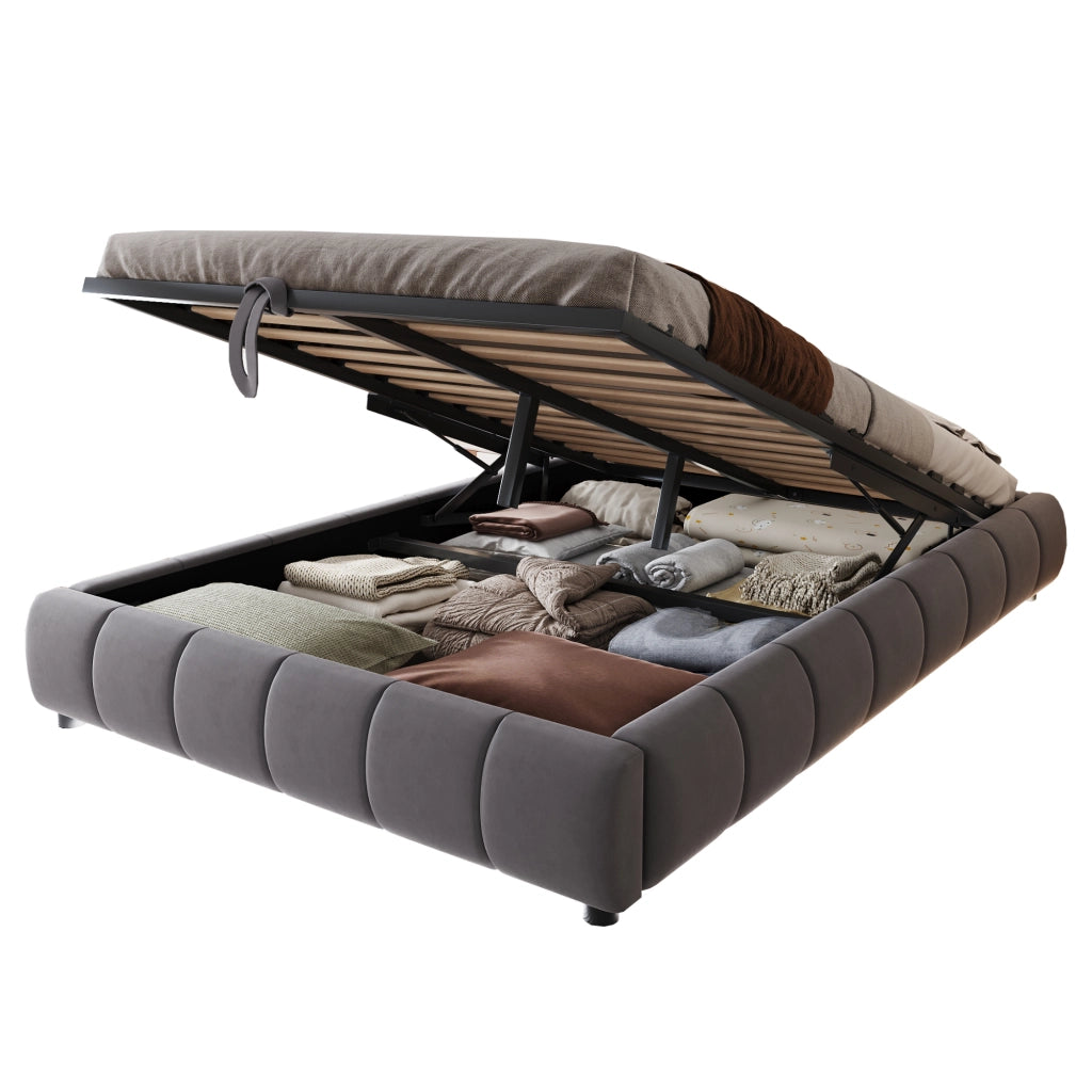 OKWISH Letto Contenitore 140×200 cm, Letto Matrimoniale con LED Bianca, Sollevamento Idraulico e Vano Contenitore, senza Materasso, Grigio