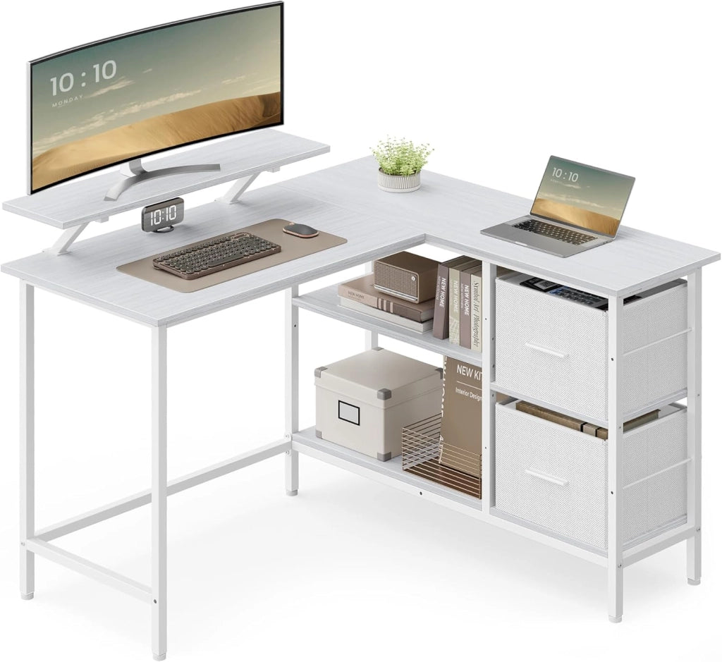 VASAGLE Scrivania per Computer a L, Scrivania ad Angolo con 2 Cassetti Spaziosi e Supporto per Monitor, Ripiano Regolabile, per Ufficio Studio, Bianco Acero LWD097W01