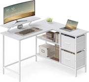 VASAGLE Scrivania per Computer a L, Scrivania ad Angolo con 2 Cassetti Spaziosi e Supporto per Monitor, Ripiano Regolabile, per Ufficio Studio, Bianco Acero LWD097W01