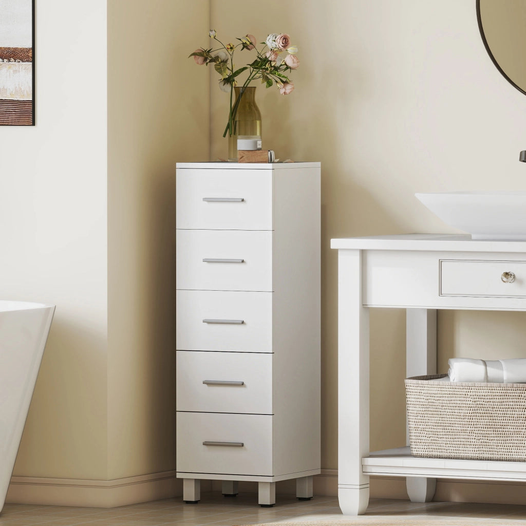 Armadietto Bagno Stretto con 5 Cassetti ¨C Zephmum ¨C Bianco 30x30x95 cm