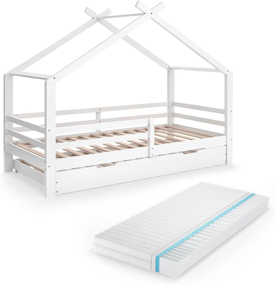 Letto montessori bambini Luni, Bianco, 200 x 90 cm con letto e materasso per ospiti, come una piccola casa per un'atmosfera calda