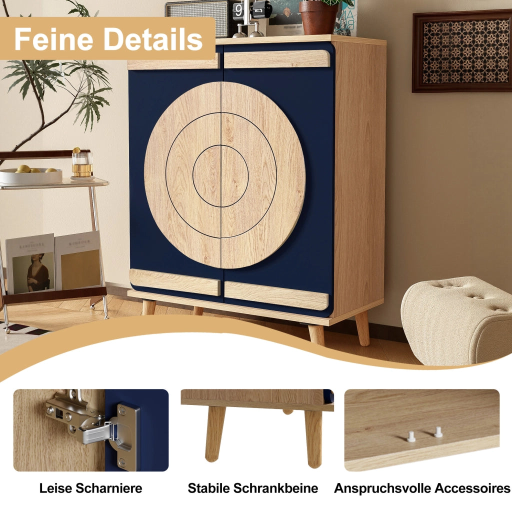 Scarpiera con ante geometriche chiuse e ripiani in pannello truciolare blu e naturale per ingresso 76 × 37 × 98,5 cm