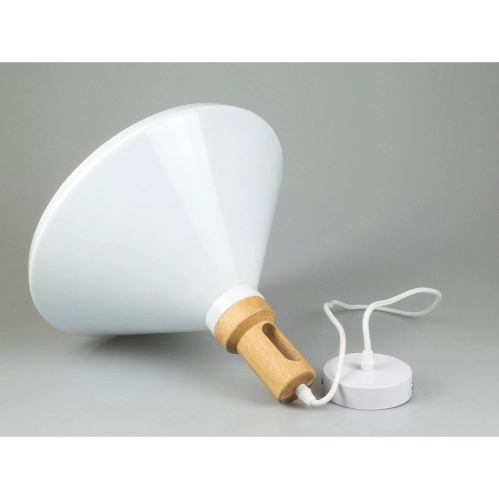 Trade Shop - Lampadario Pendente Lampada A Sospensione Parabola Bianca Base In Legno Vt-7535 -