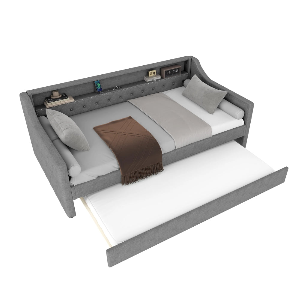 Lettino diurno 90x200; letto estraibile; luci LED; porta USB per ricarica; lino; grigio