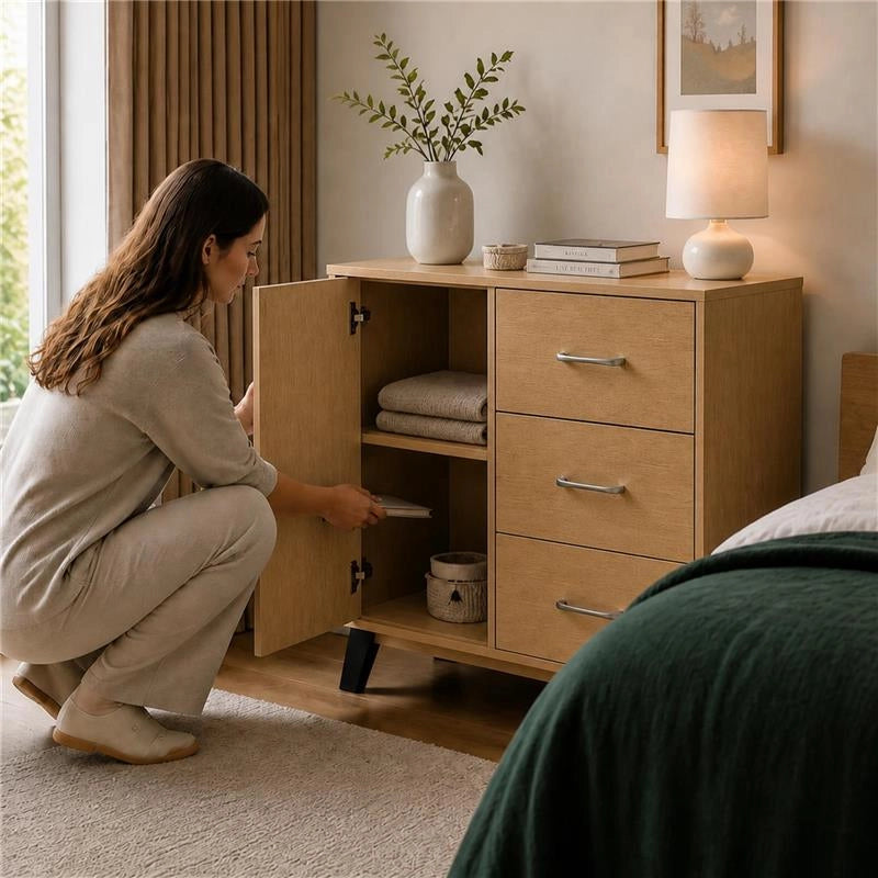 MOBILE MODERNO IN LEGNO CON 3 CASSETTI, 1 ANTA E PIANO D'APPOGGIO COLORE ROVERE DIMENSIONI 80X38X74 CM