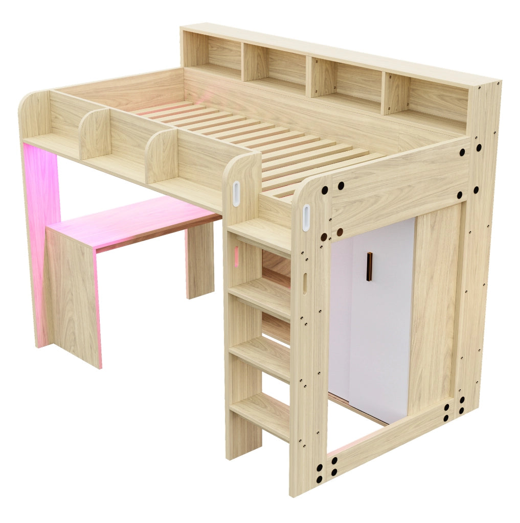 Letto a soppalco ULEVR 90x200 cm con scrivania, armadio, LED e presa integrata, color legno