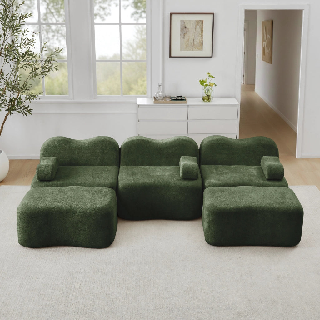 Divano angolare modulare a u 3 posti senza struttura con seduta profonda e pouf collegabili in velluto verde