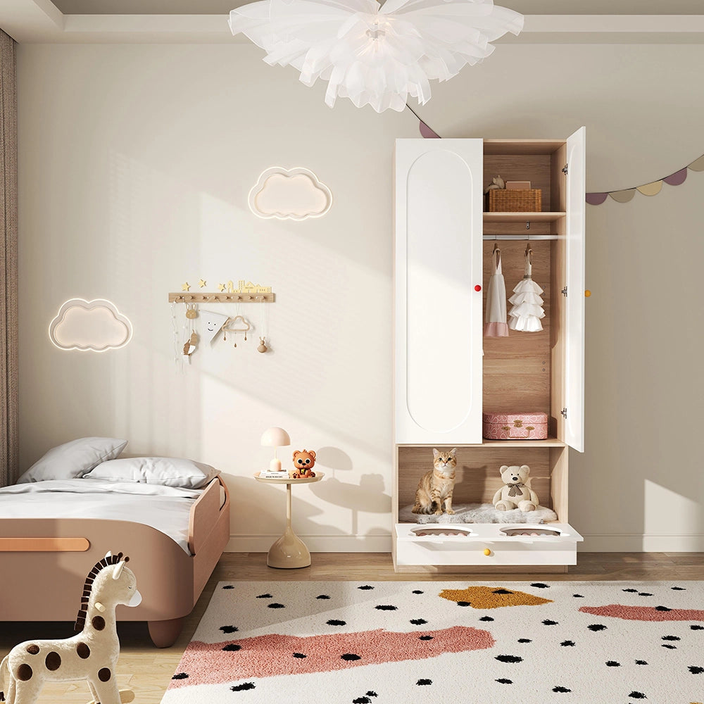 Armadio bambino con cuccia per gatto - Xylo - ante laccate, maniglie ceramica, 80x50x200 cm, bianco e naturale