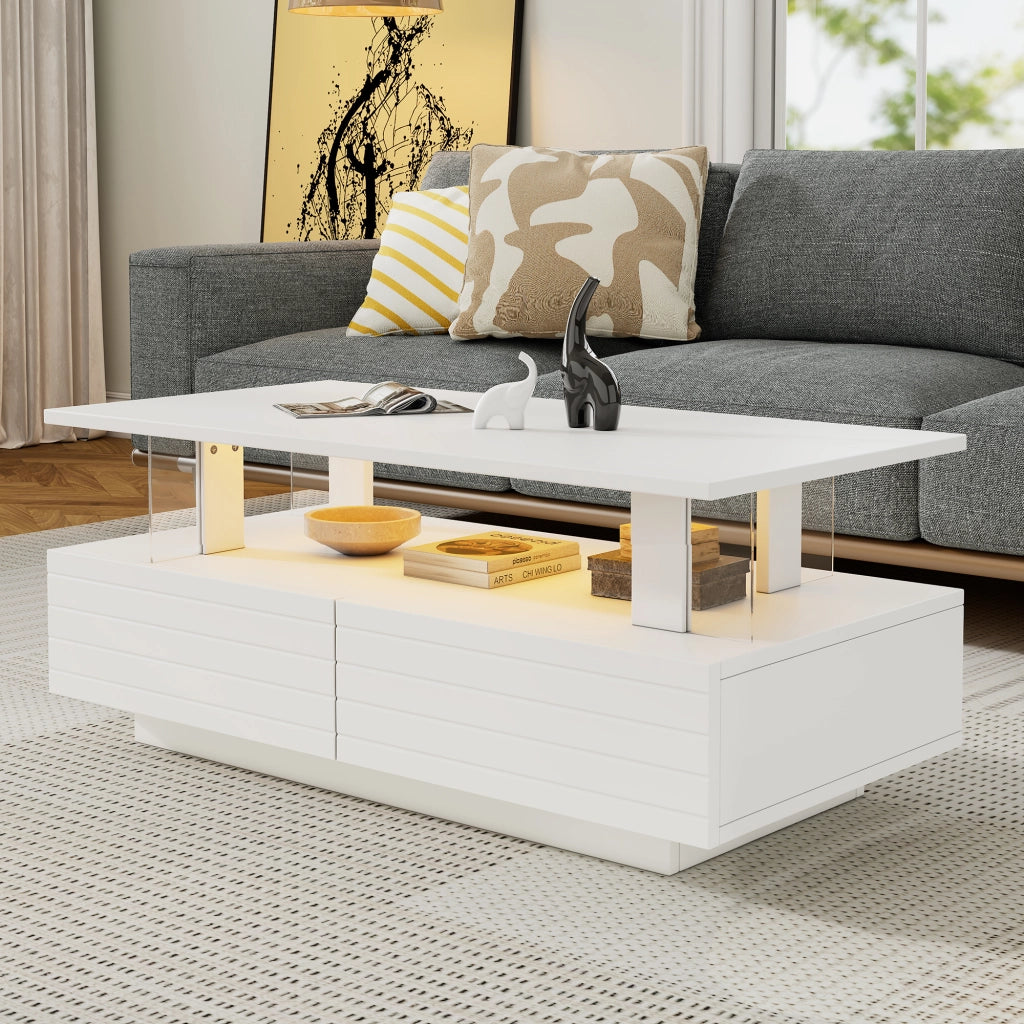 TAVOLO da caffè LED 100x50x42 cm Bianco in pannello di legno e acrilico