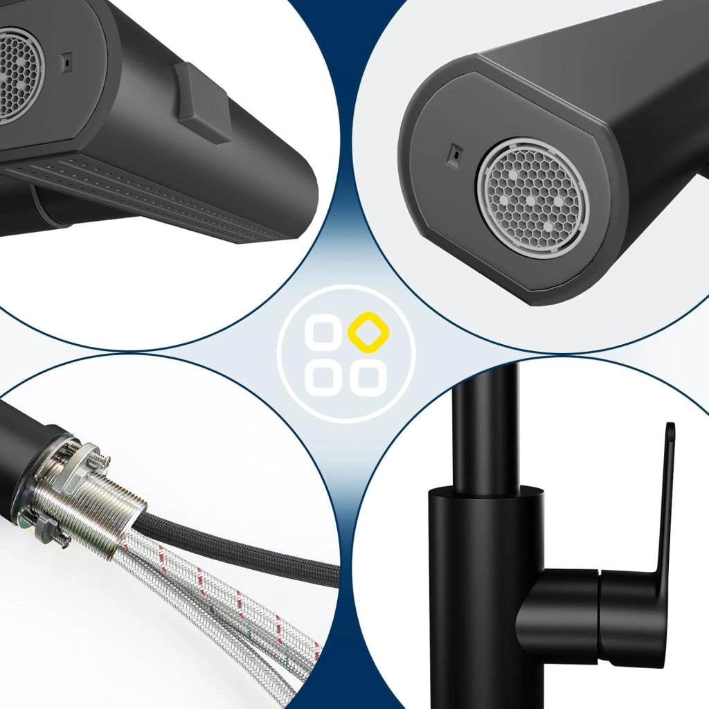 ZMH Miscelatore nero con doccetta estraibile e rotazione a 360°Miscelatore in acciaio inox con 2 getti