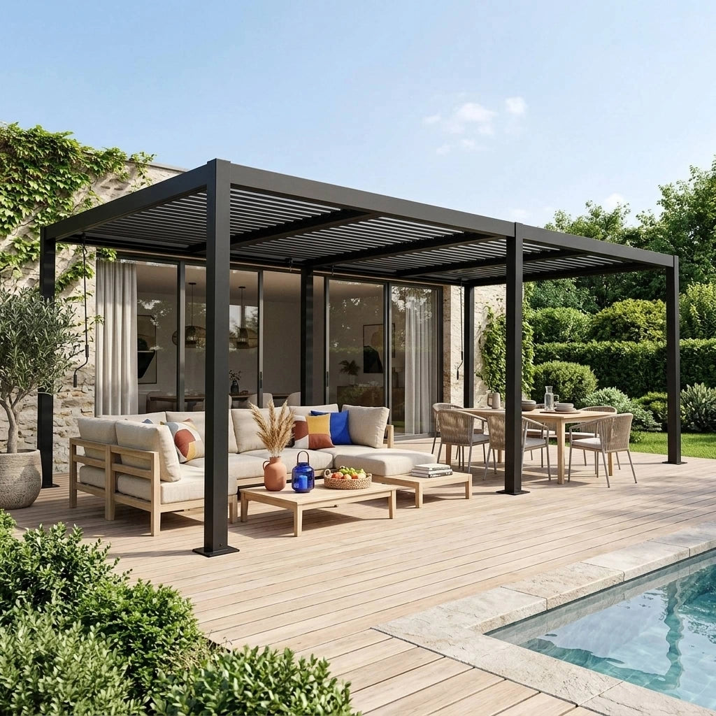 Pergola bioclimatica 3x6m in alluminio e acciaio, lamelle orientabili,