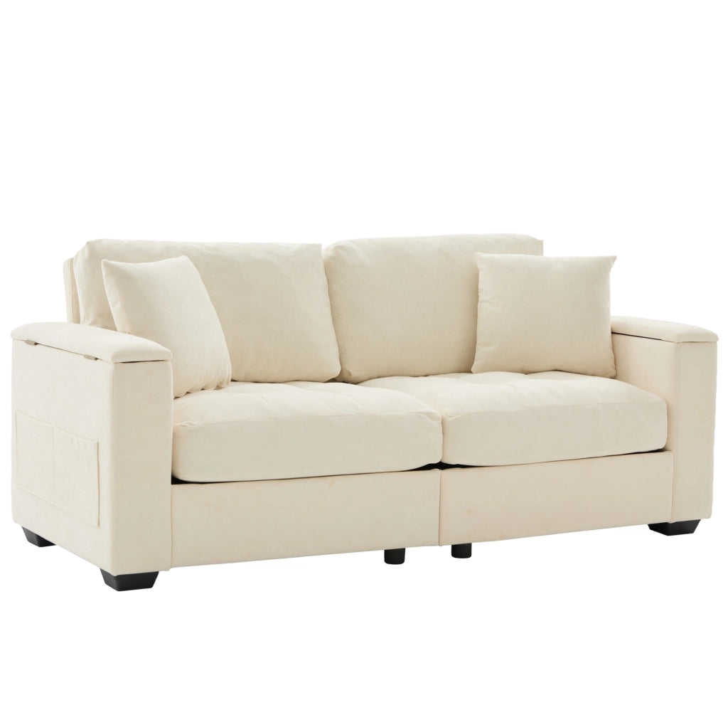 Divano Moderno 2 Posti Beige in Chenille con Contenitore nelle Braccioli e 2 Cuscini Morbidi