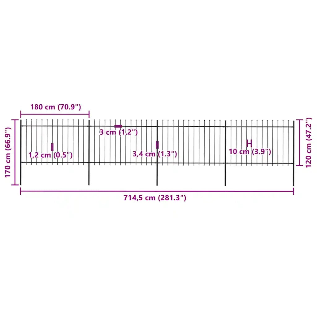 Recinzione da Giardino con Punta a Lancia in Acciaio 714,5x120 cm Nero 277623