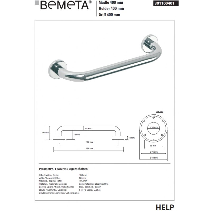 HELP 400 Maniglione per doccia in acciaio inox 48x8x10,6 cm