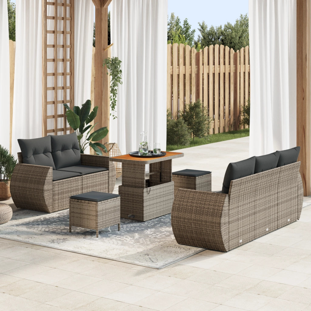 Set di Divani da Giardino 8 Pezzi con Cuscini Grigio Polirattan Acacia