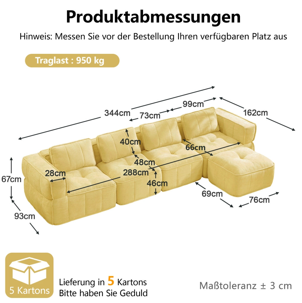 Divano modulare ULEVR 344x162 cm con pouf, seduta profonda e braccioli ampi, giallo