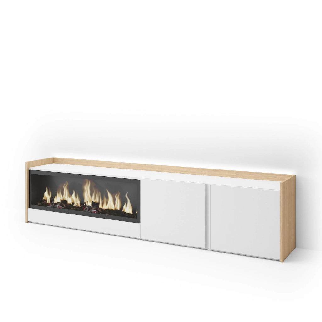 Mobile TV Soggiorno, 212x50x35 cm, Per TV fino a 80", Camino elettrico XXL, LED, Bianco e Rovere soft