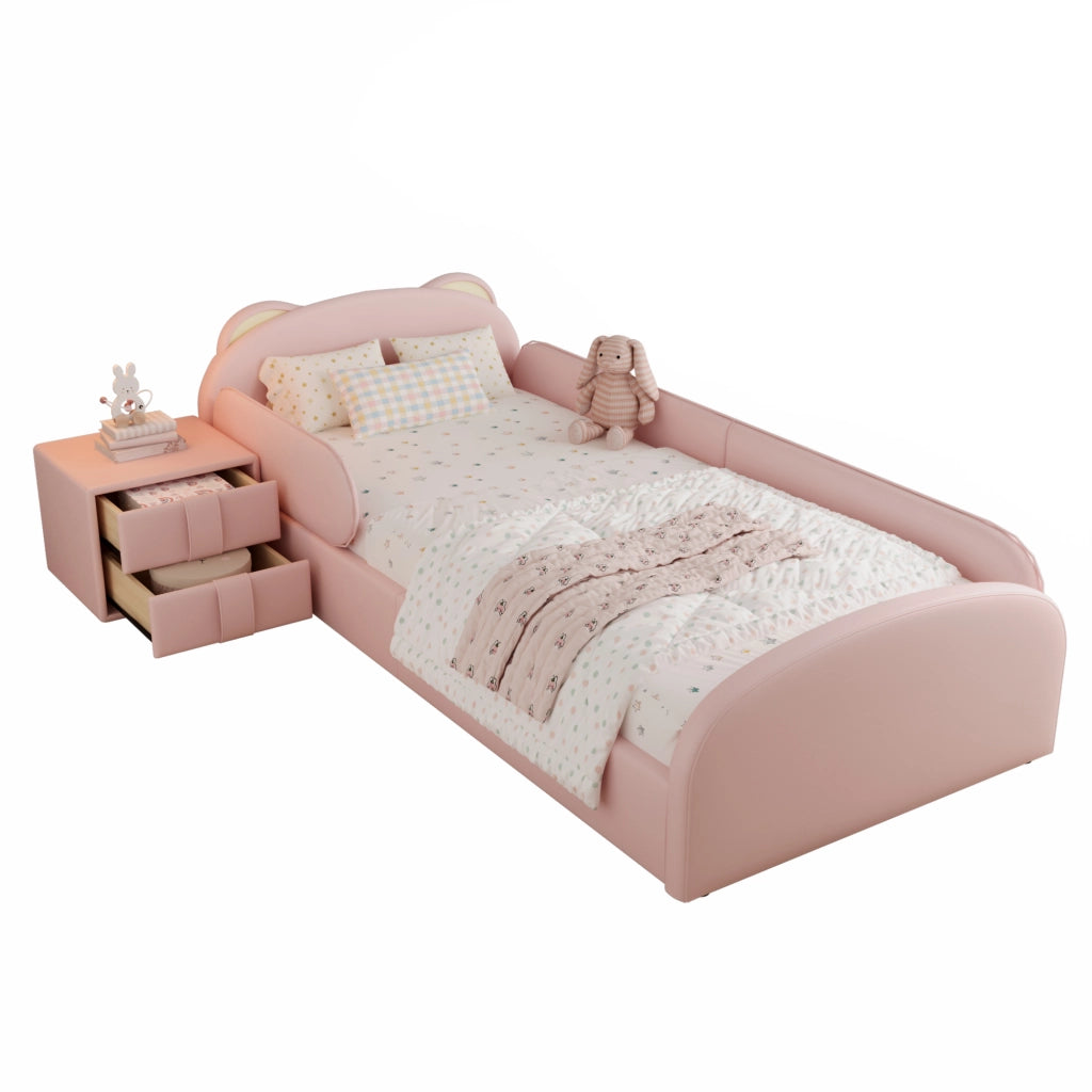 Letto Singolo Imbottito per Bambini con Comodino ¨C MINIMAL ¨C Velluto Rosa 90x200