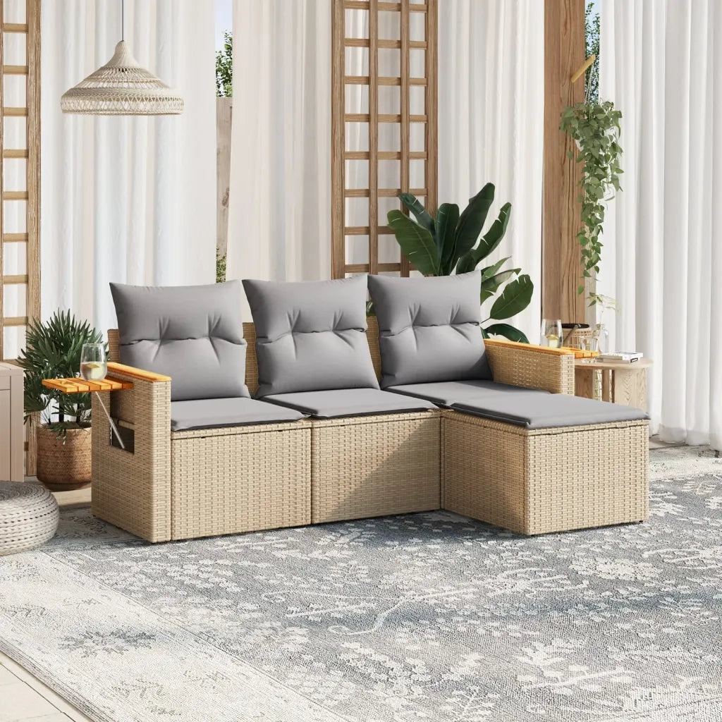 Set Divano da Giardino 4 pz | Set Salotto da Giardino con Cuscini Beige in Polyrattan