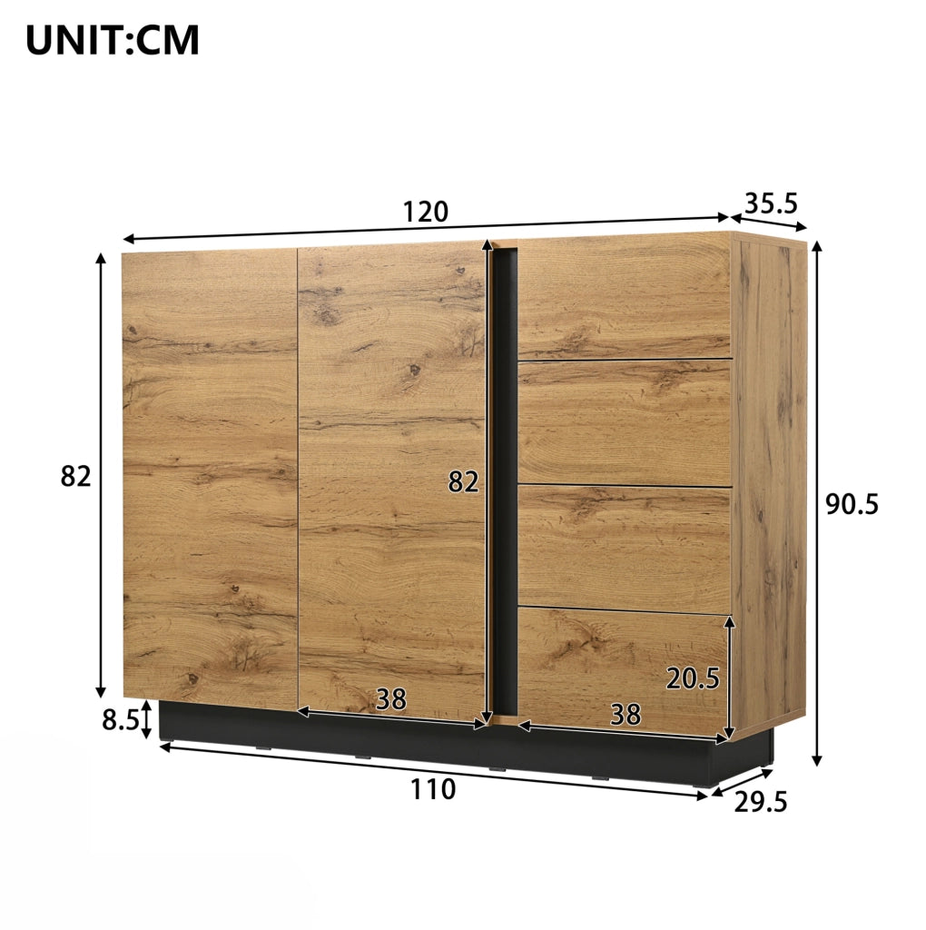 Credenza con quattro cassetti, due ante e finitura naturale e nera