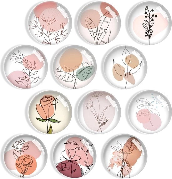 Magnet per frigorifero in vetro 3D - fiori e linee botaniche - 12 pezzi