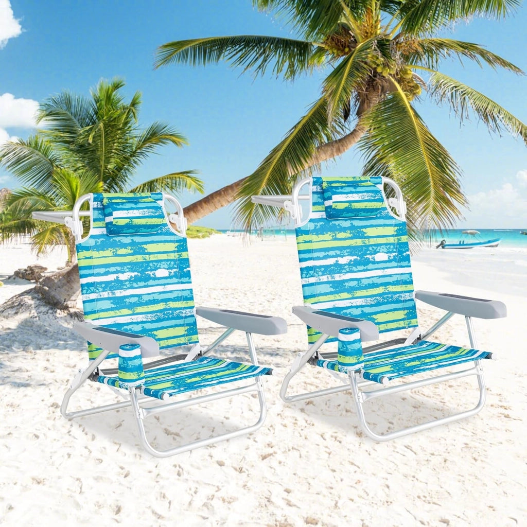 Set di 2 Sedie da Spiaggia Pieghevoli, Spiaggina con Schienale Regolabile in 5 Posizioni, Sdraio Mare con Portabicchieri e Portaasciugamani, Lettino Prendisole per Campeggio, Picnic (Verde)