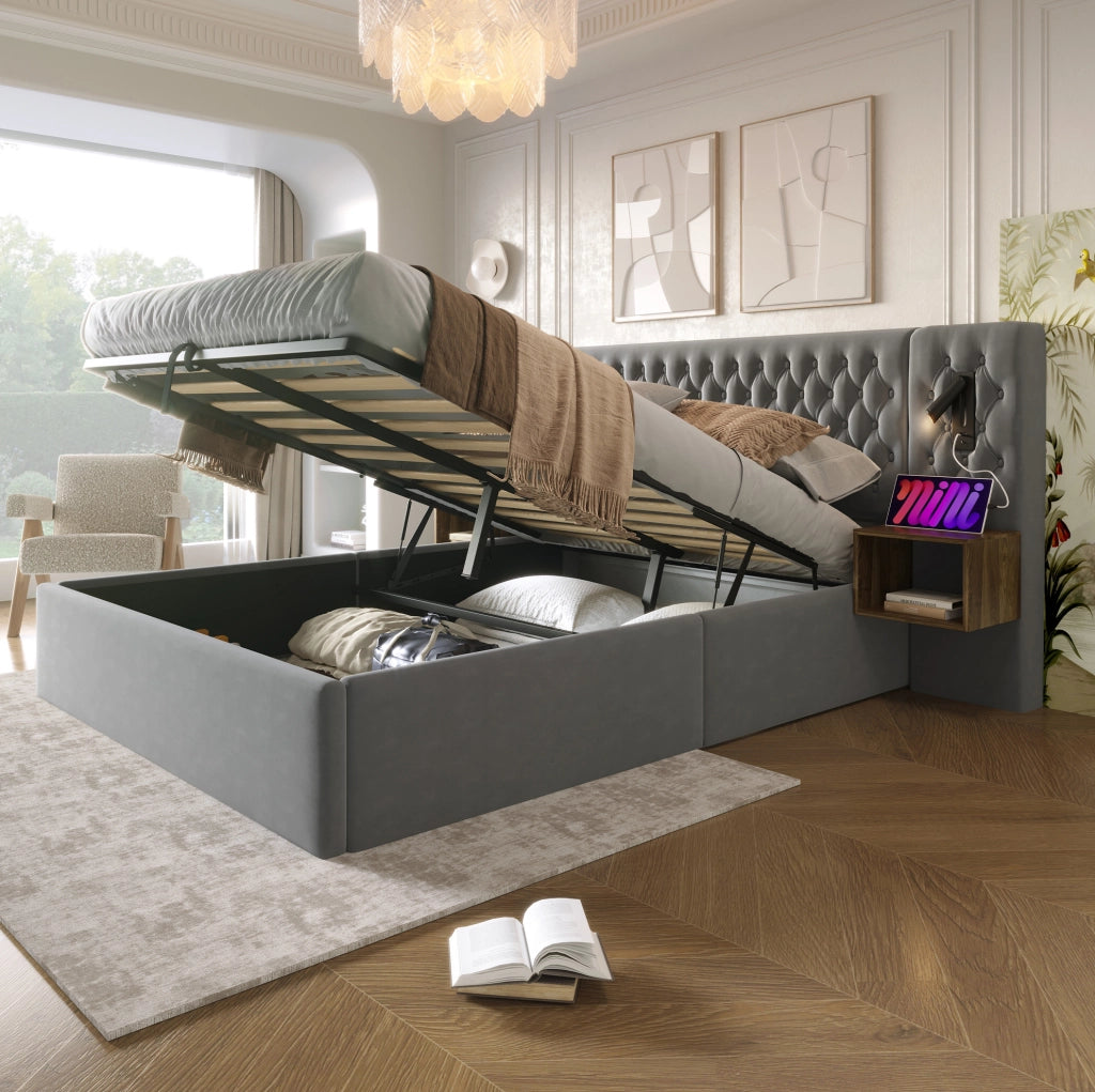 Letto matrimoniale 180x200 cm con contenitore idraulico; 2 comodini; luci LED e porte USB/Type-C; grigio velluto