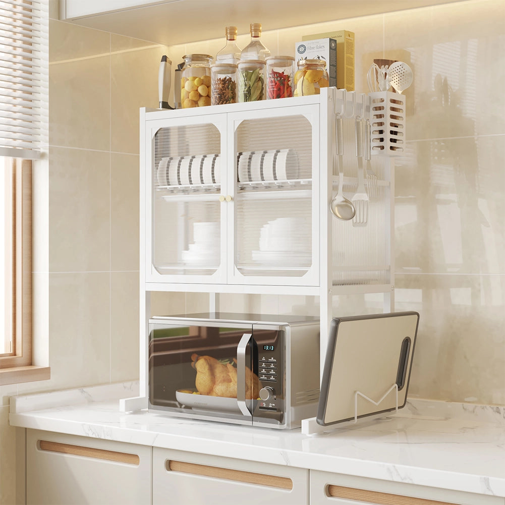Scaffale Credenza Porta Microonde con Vetrinetta in Metallo Bianco 57x37x76cm