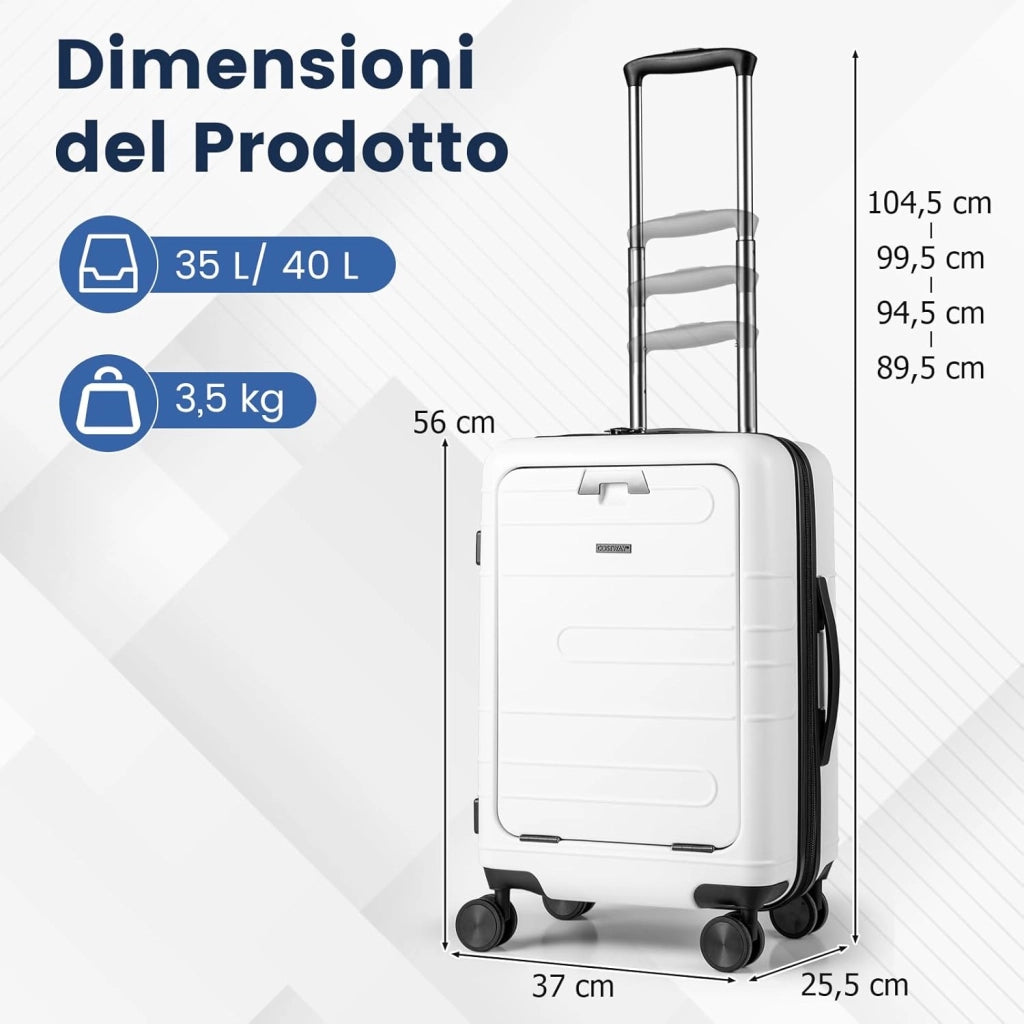 Valigia Bagaglio a Mano 20" con Tasca Frontale, Porta USB, Trolley Bagaglio a Mano con Serratura, Ruote Girevoli, Manico Regolabile (Senza Beauty + Bianco)