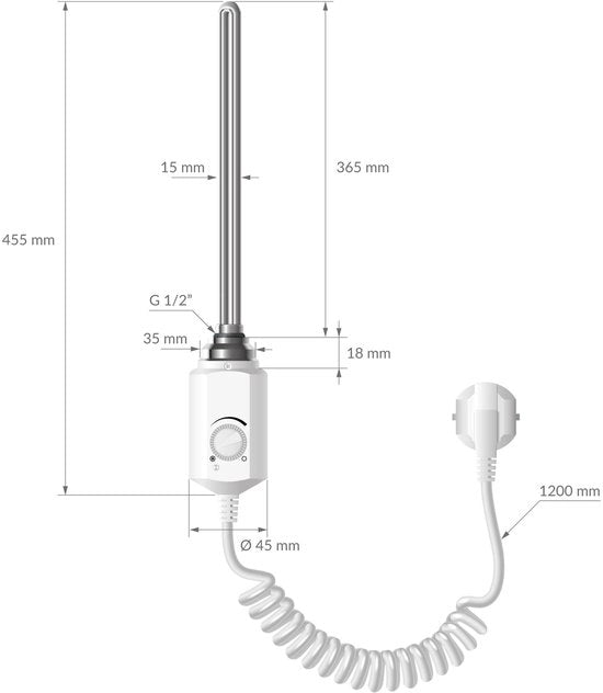 Radiatore elettrico per bagno con elemento di riscaldamento 1200W, 600x1200 mm, bianco rettangolare con connessione laterale.