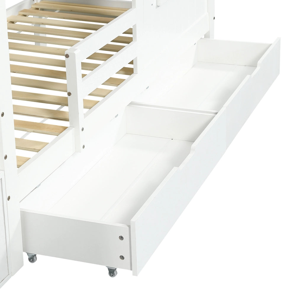 Letto a castello per bambini 90x200 cm con scala contenitore; cassetto su ruote; bianco