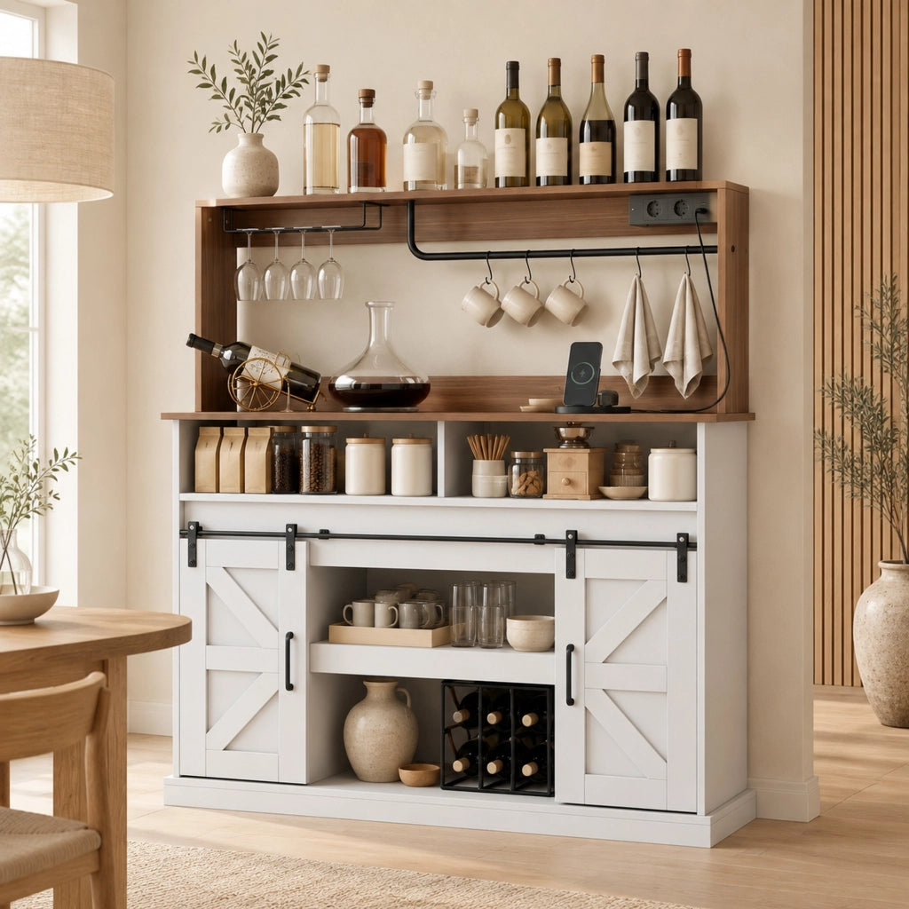 Mobile bar caffè 120 cm con prese USB; portabicchieri e ante scorrevoli HOMVRA