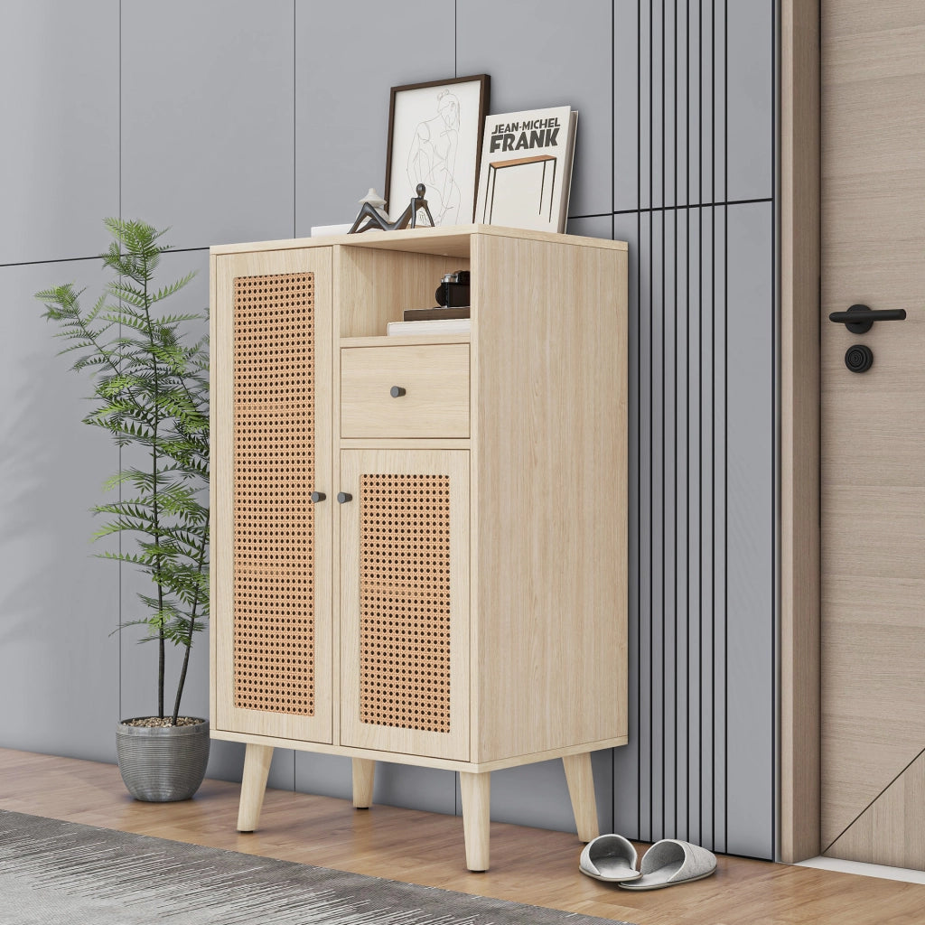 Credenza con 2 Ante in Rattan e 1 Cassetto; Vano a Giorno; Stile Naturale; in Pannello Truciolare; Rovere; 60¡Á40¡Á101 cm