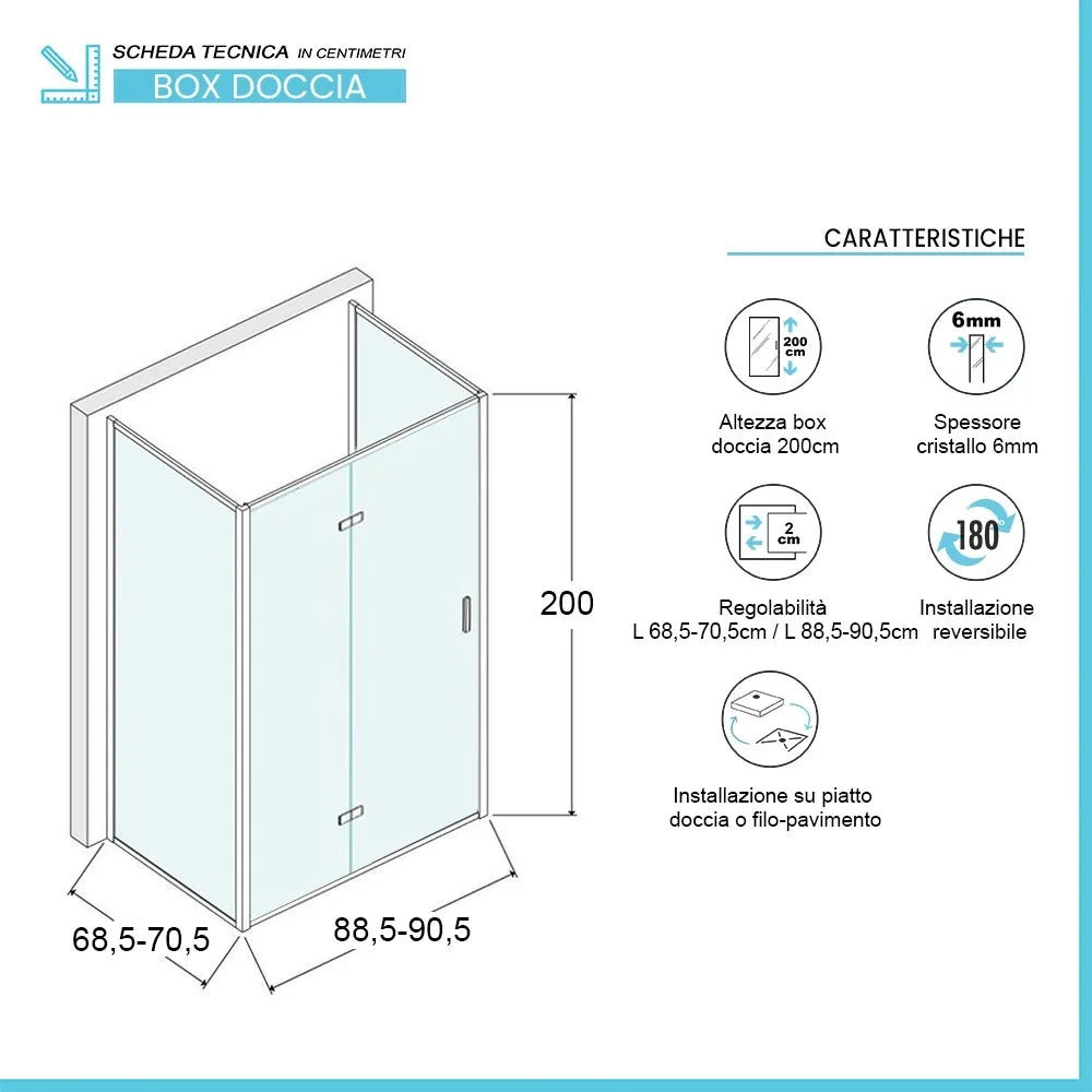 Box doccia 70x90x70 cm porta a soffietto serigrafata H 200 cm Ted