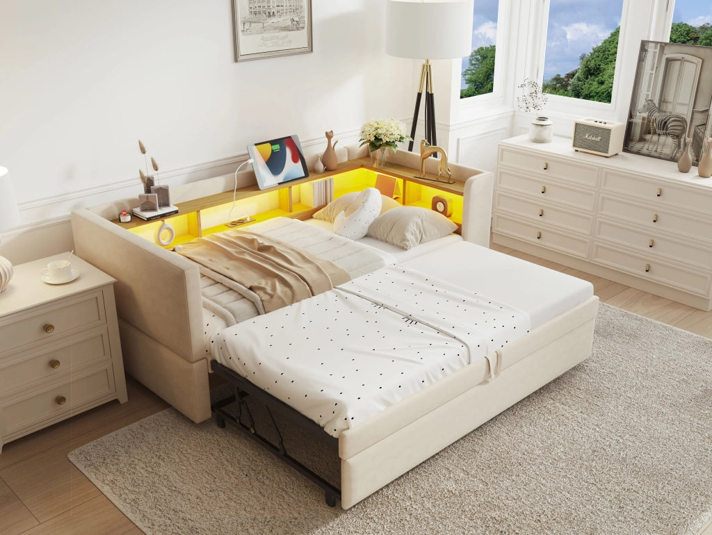 Divano letto imbottito multifunzione con vani contenitore, LED, prese e struttura in metallo, beige, 90/180 x 190 cm