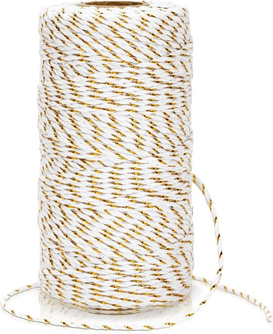 Tessuto in cotone bianco 2mm con corda dorata - 100m - imballo regalo per la decorazione di Natale - luccicante metallic - filo per panettiere - corda per palloncini di Natale - attività manuali - decorazione di Natale - giardinaggio