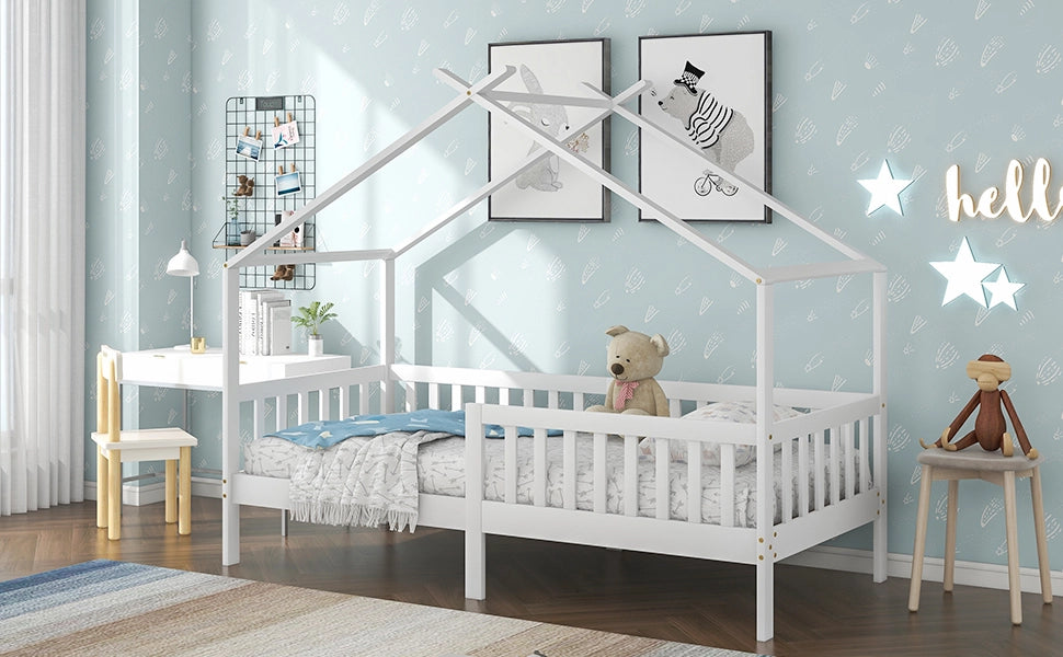 Bellissimo letto a casetta, letto per bambini in legno massello con sponde e rete a doghe, per camerette di bambini e ragazzi con protezione anticadut