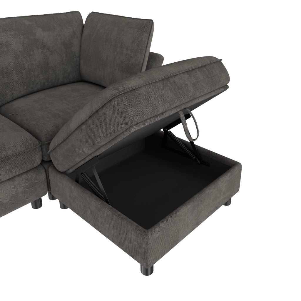 Divano angolare modulare con pouf contenitore e 2 cuscini in ciniglia grigio 6-7 posti per soggiorno 289 × 137 × 84 cm