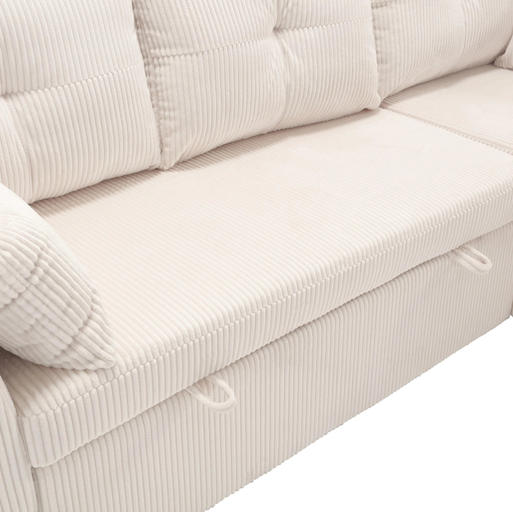 Divano letto modulare beige in velluto a coste con contenitore