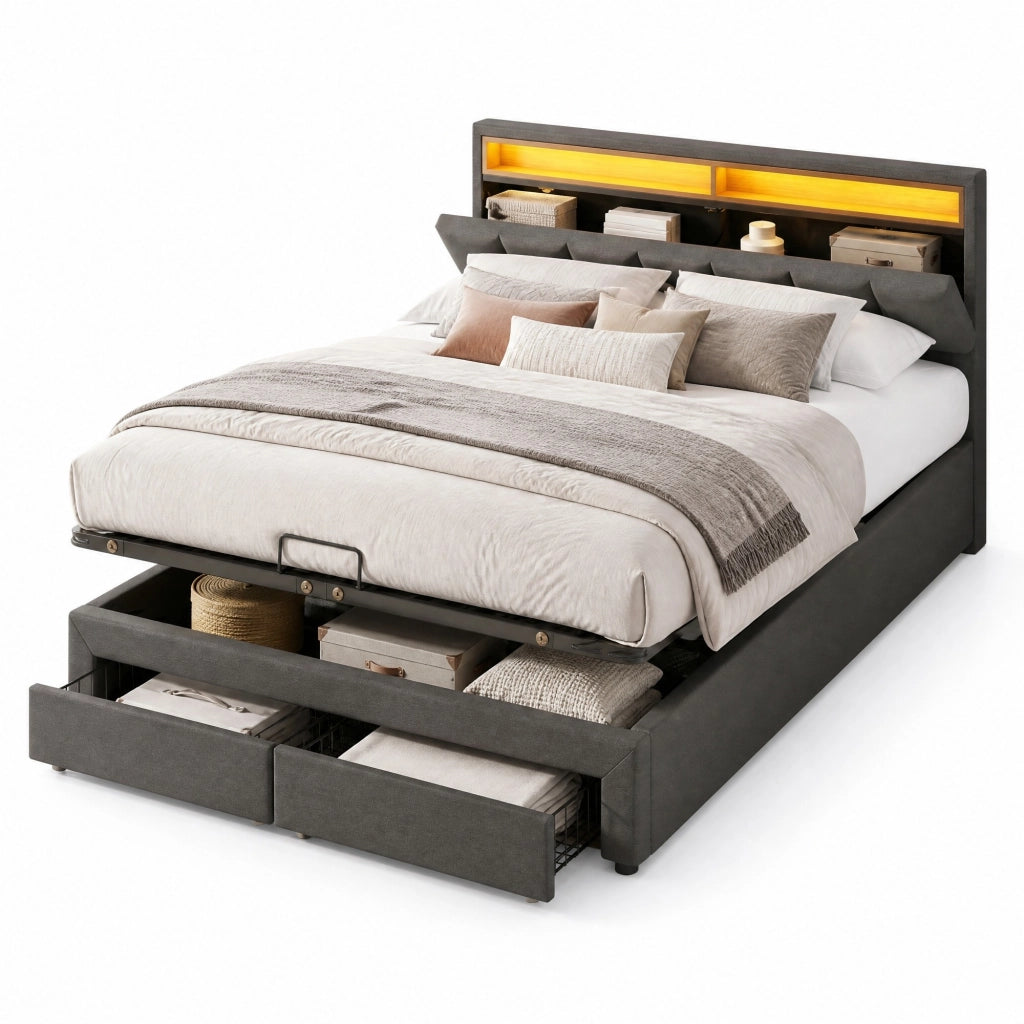 Letto imbottito matrimoniale 180x200 cm con LED; contenitore sotto letto; in lino grigio scuro
