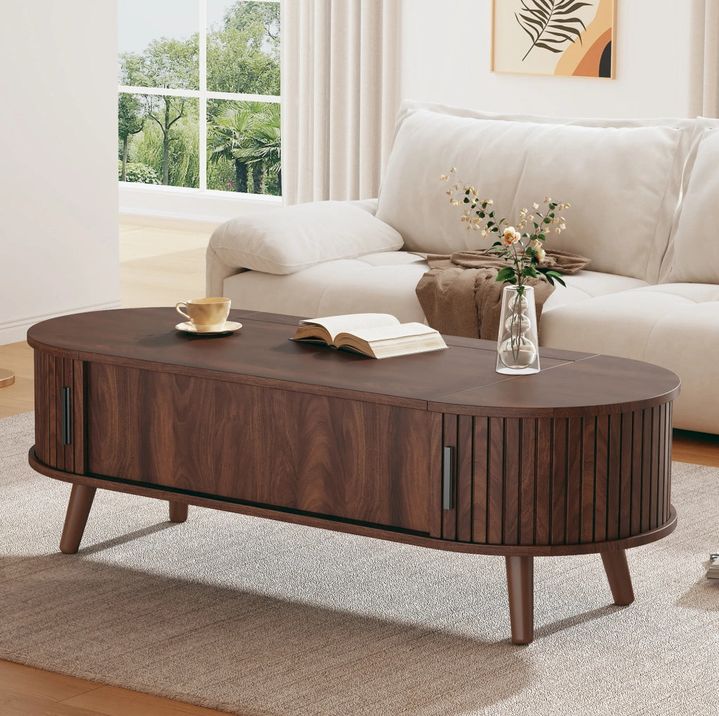 Tavolino da salotto sollevabile 120 x 50 x 39;5 cm in MDF; colore noce con vano portaoggetti