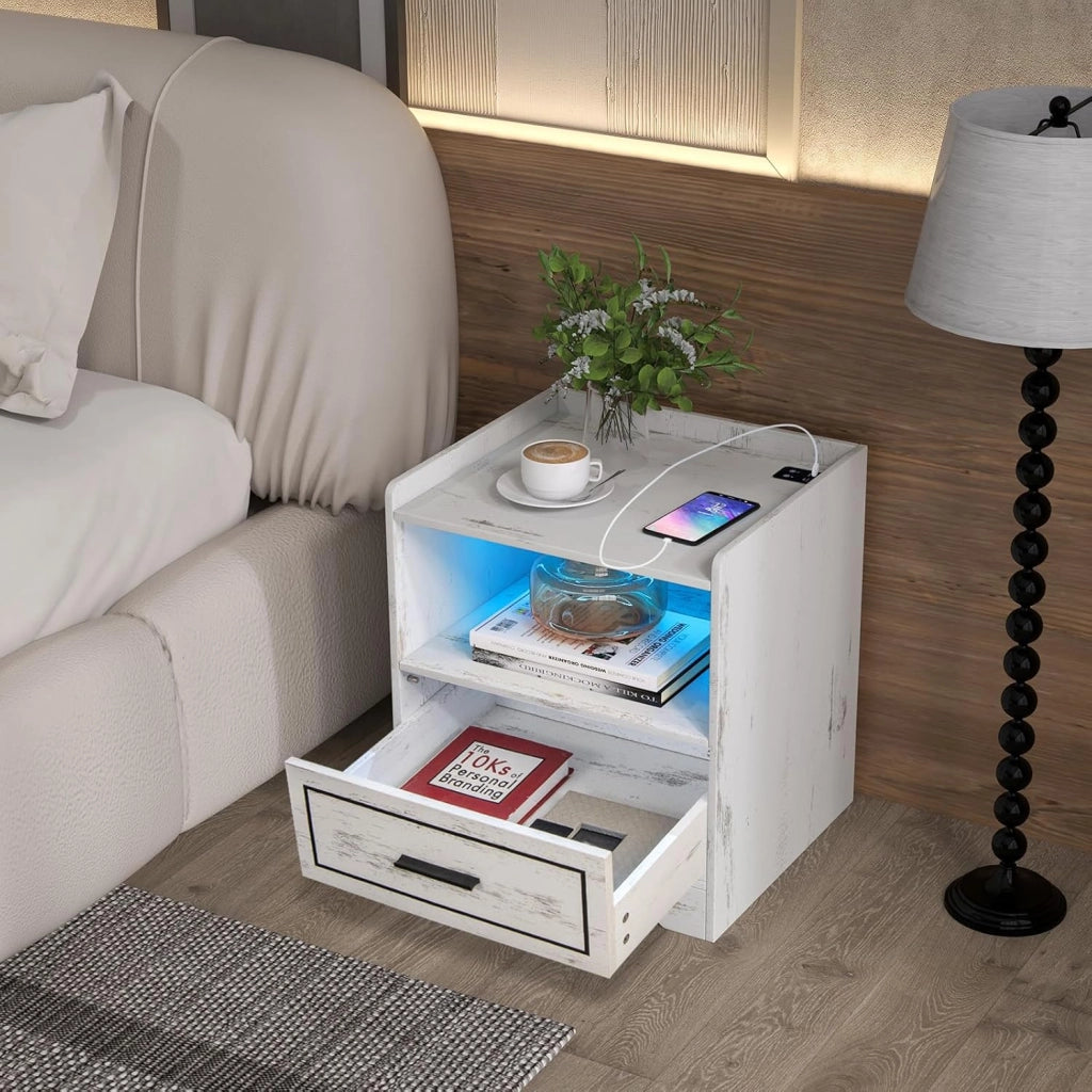 Comodino con Luce a LED(3 colori) e Cassetto, Tavolino da Divano con 2 Porte USB, Tavolino da Caffè con Sensore di Movimento, 45x40x50 cm, Bianco