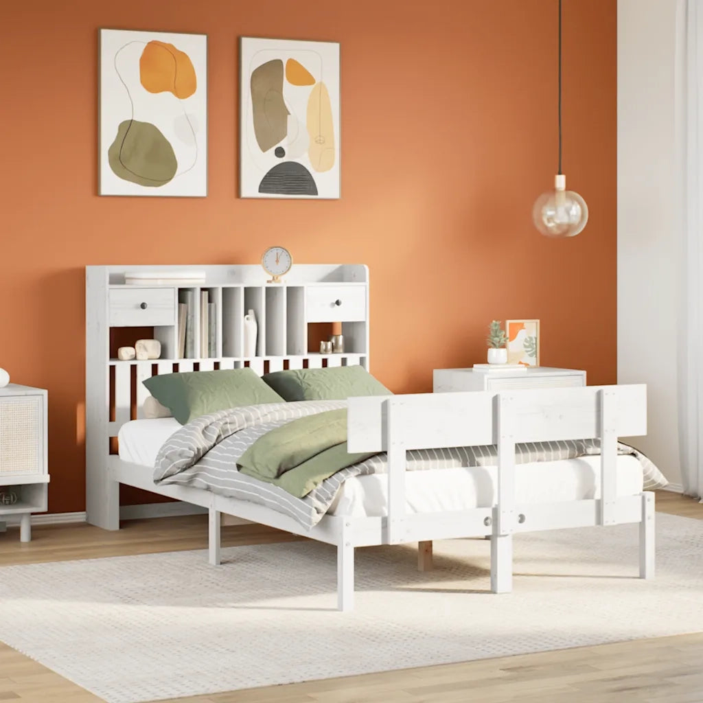 Letto Libreria senza Materasso-Struttura Letto con contenitore Bianco 135x190 cm Legno di Pino 703765