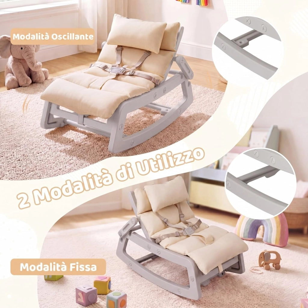 Sedia a Dondolo Bambini, Schienale Regolabile, con Cucino (Grigio) | Sdraietta a Dondolo, Poggiatesta Rimovibile e Cintura 5 Punti, Portata 80 kg, per Bambini 6+ Mesi