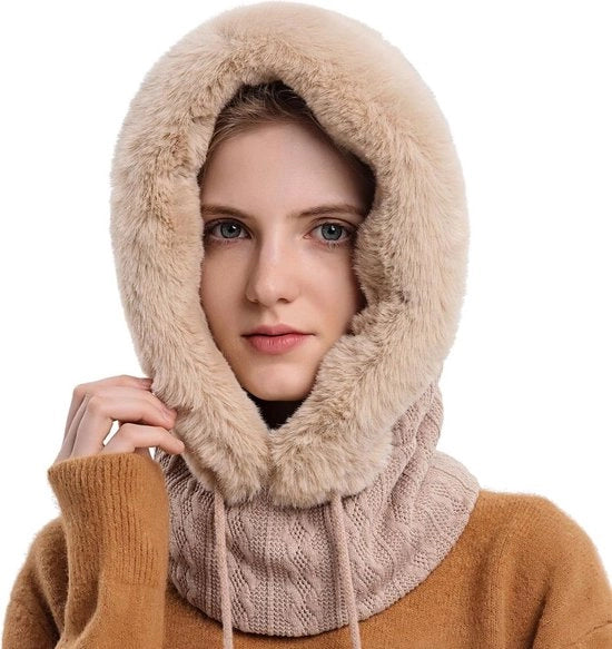 Muffa per donne - cappuccio imbottito - cappello caldo e impermeabile - copricapo caldo e protettivo per donne - set di cappello e collo - adatto per sci, equitazione e motociclismo - Beige - 29*35cm