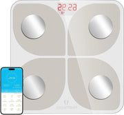 Pesa elettronica Bluetooth con alta precisione, 13 misurazioni del corpo, app per Android e iOS, capacità 180 kg/400 kg, dimensioni 28 x 28 cm.