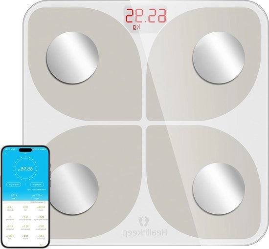 Pesa elettronica Bluetooth con alta precisione, 13 misurazioni del corpo, app per Android e iOS, capacità 180 kg/400 kg, dimensioni 28 x 28 cm.