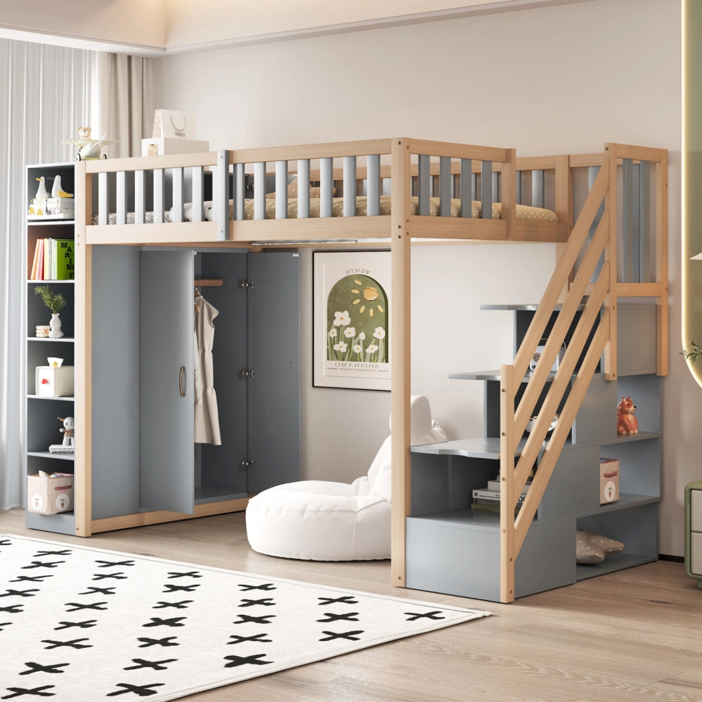OKWISH Letto a Soppalco 90×200 cm, Letto Singolo con Armadio, Mensole e Scala con Contenitore, senza Materasso, in Legno, Grigio