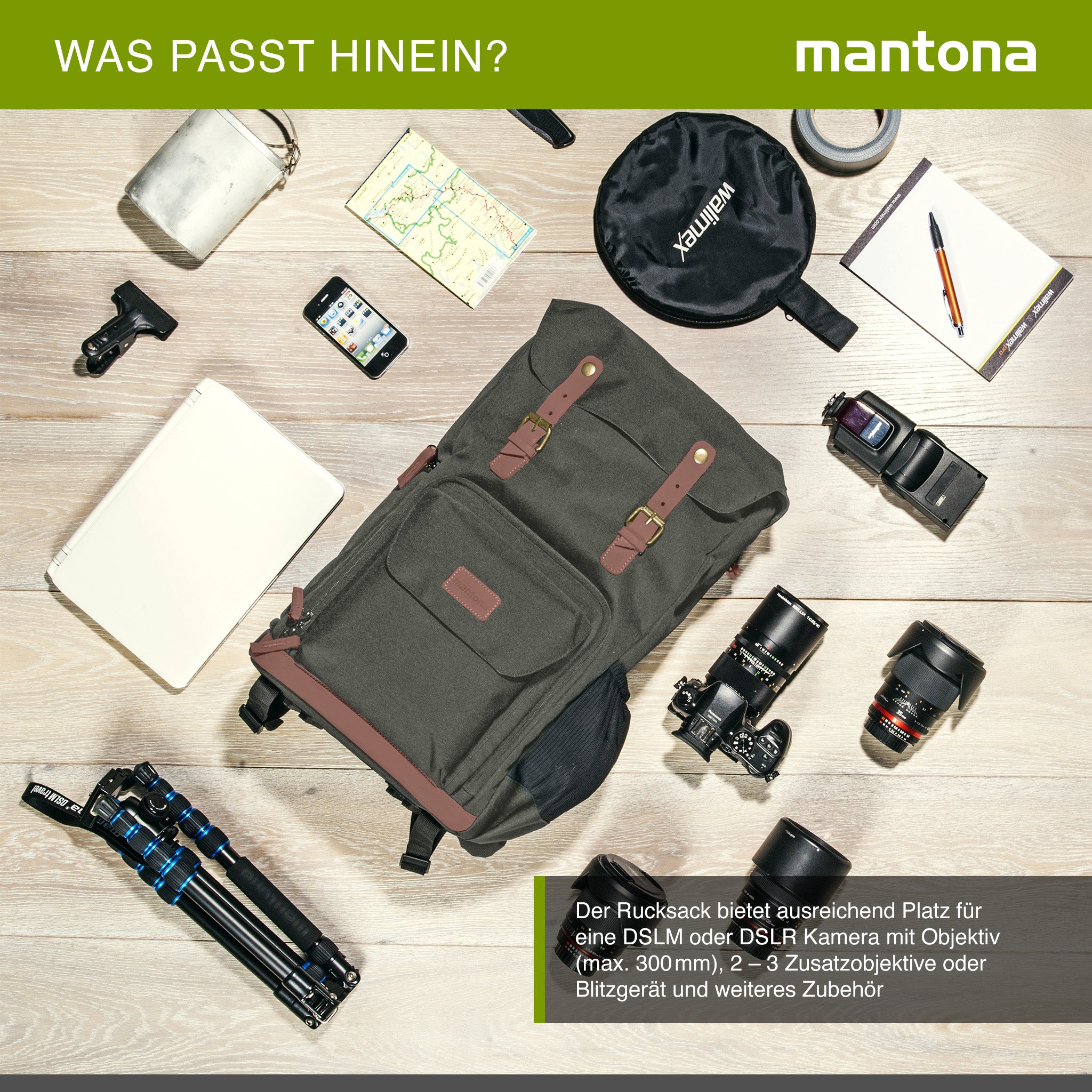 Mantona Luis Retro Zaino fotografico verde, per fotocamera con copertura antipioggia, borsa fotografica con scomparto per laptop, DSLR, 3 obiettivi e accessori fotografici