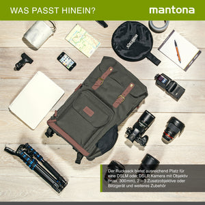 Mantona Luis Retro Zaino fotografico verde, per fotocamera con copertura antipioggia, borsa fotografica con scomparto per laptop, DSLR, 3 obiettivi e accessori fotografici